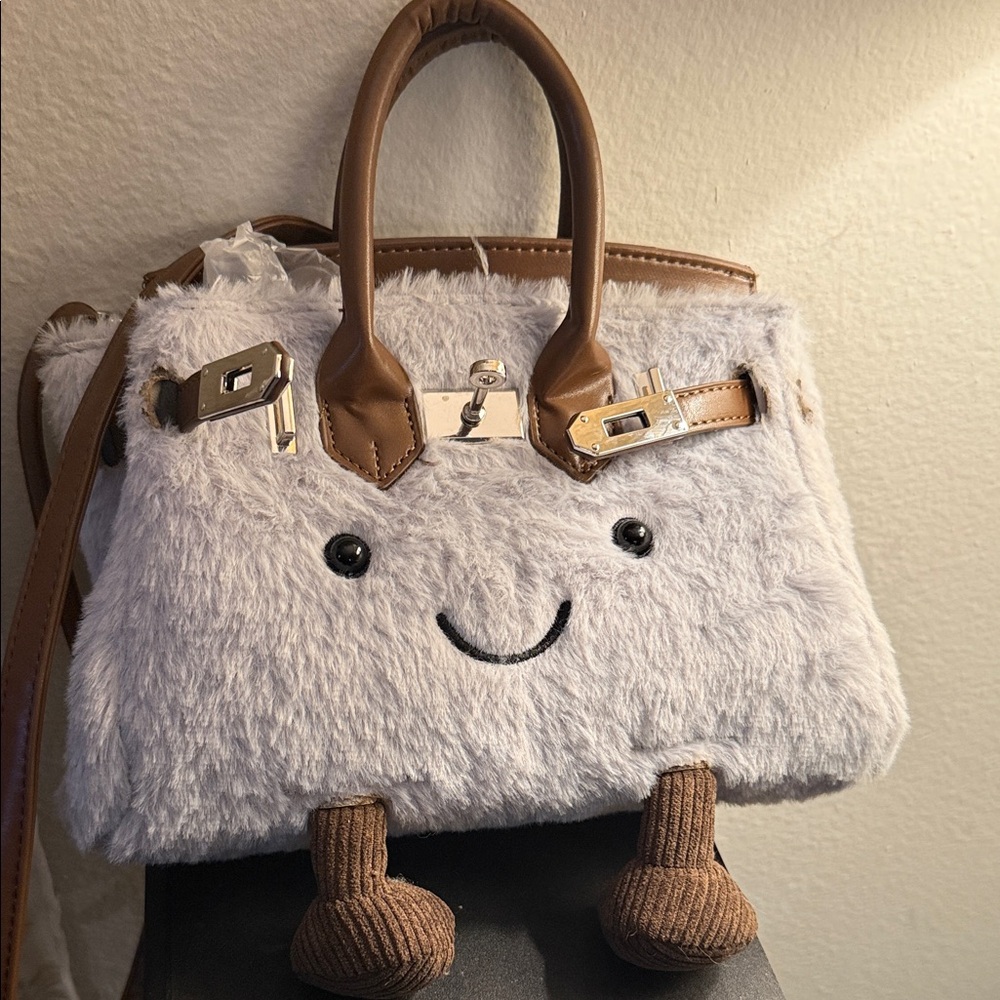 Charming Furry Mini Birkin style Bag with Smiley Face - Brown and White